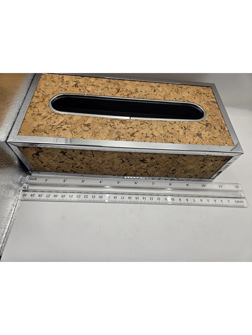 Vintage Mid Century Modern Cork & Chrome Tissue Box Holder Cover Rectangular